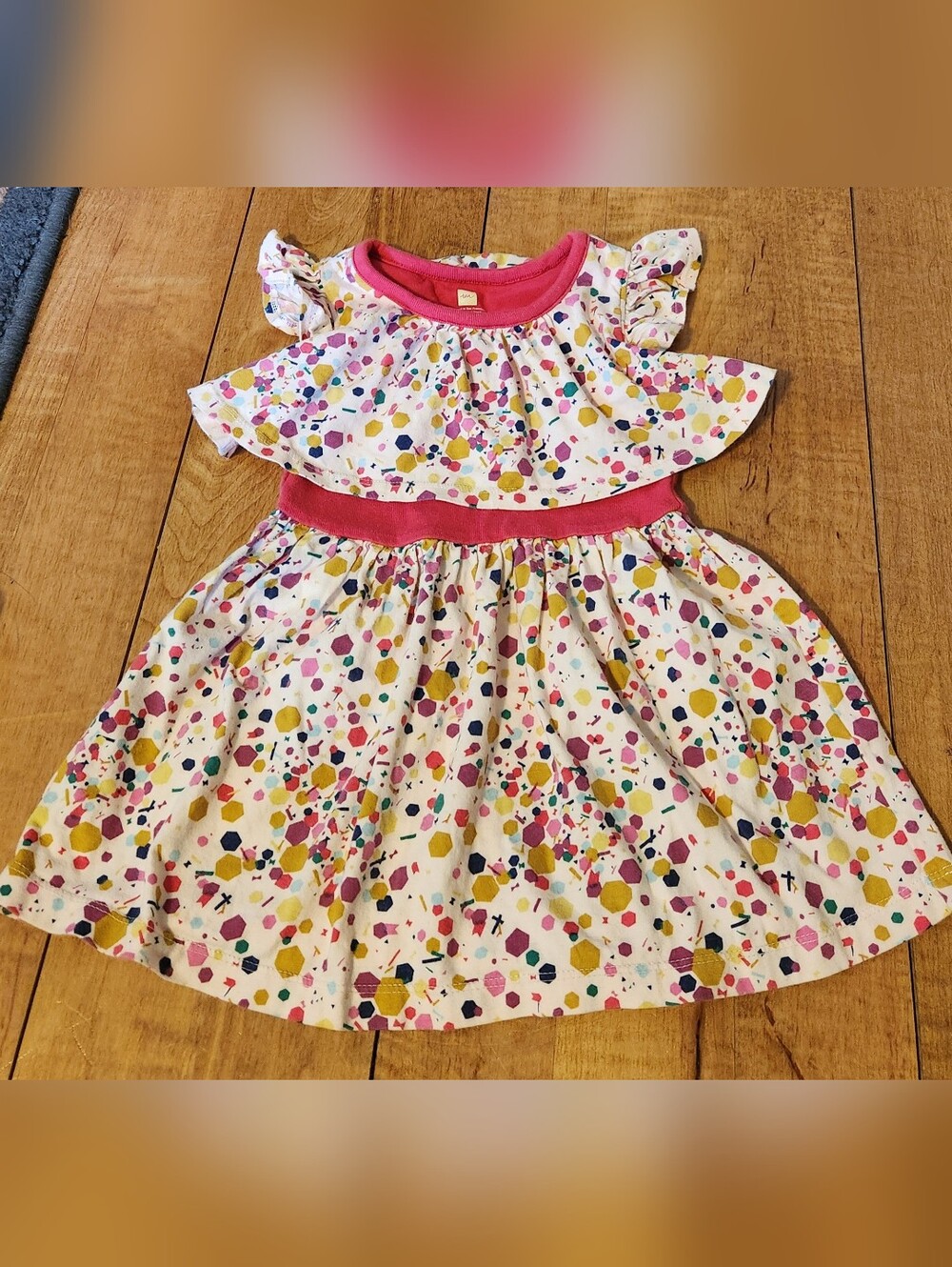 Tea Collection Multicolor Dot Ruffle Dress with Pink Trim